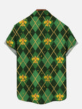 Mardi Gras Carnival Green Twill Plaid And Gold Lilies Printing Breast Pocket Short Sleeve Shirt