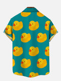 Cartoon Dead Rubber Duck On Cyan Printing Breast Pocket Short Sleeve Shirt