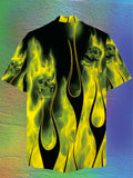 Eye-Catching Psychedelic Hippie Green Fire Flame Pattern Printing Cuban Collar Hawaiian Short Sleeve Shirt