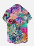 Colorful Mosaic Disco Balls Printing Breast Pocket Short Sleeve Shirt