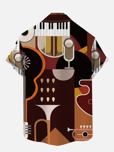 Brown Abstract Musical Instrument Printing Short Sleeve Shirt