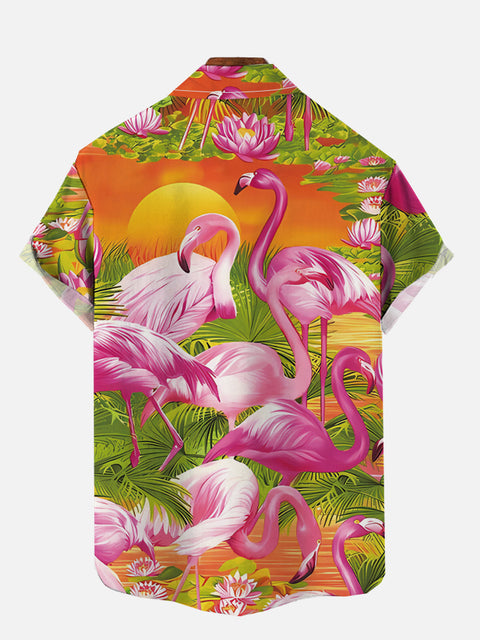 Classic Hawaiian Orange Sunset Flamingos And Leaves Printing Short Sleeve Shirt