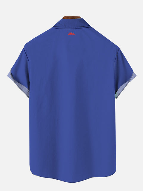 Retro Blue And White Striped Space Star Logo Printing Breast Pocket Short Sleeve Shirt