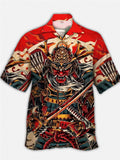 Eye-Catchin Retro Ukiyo-E Style Red Mask Fanged Samurai Printing Cuban Collar Hawaiian Short Sleeve Shirt
