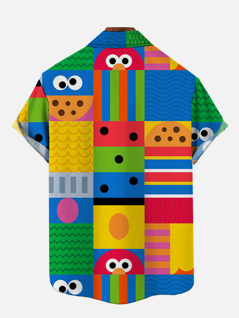 Abstract Colorful Checkered Building Blocks And Cartoon Characters Personalized Costume Short Sleeve Shirt