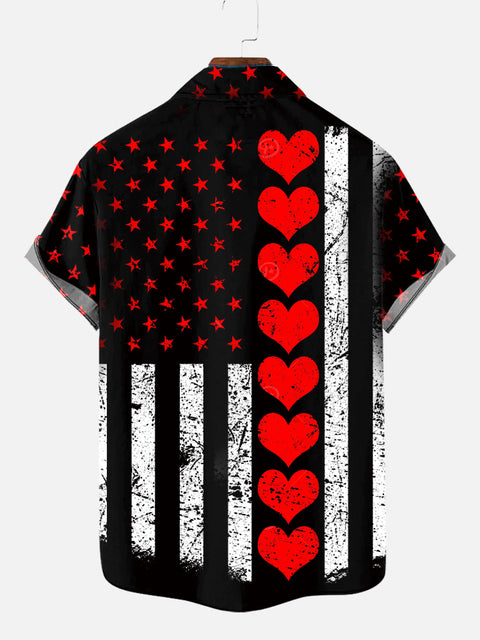 Vintage Black And White American Flag And Red Heart Patterns Printing Short Sleeve Shirt