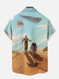 Cartoon Style Space War Robots Standing On Sand Dunes Printing Breast Pocket Short Sleeve Shirt
