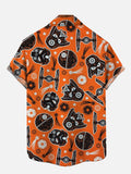 Orange Space Wars Flying Machines And Sugar Skull Printing Breast Pocket Short Sleeve Shirt