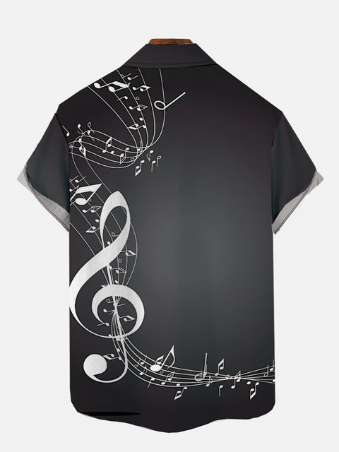 Gray Casual Music Elements Notes And Sheet Music Printing Breast Pocket Short Sleeve Shirt