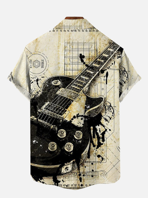 Music Element Art Splash Ink Painting Guitar Printing Short Sleeve Shirt
