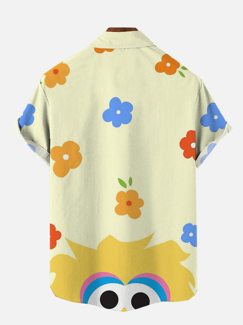 Yellow Cartoon Character And Flowers Cartoon Costumes Printing Breast Pocket Short Sleeve Shirt