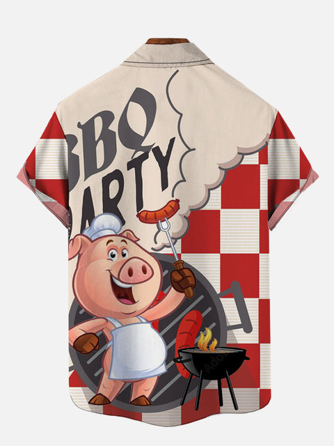 BBQ Party Piggy Chef Sausages Printing Short Sleeve Shirt