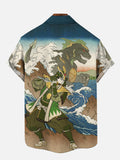Retro Ukiyo-E Art Samurai And Godzilla Printing Short Sleeve Shirt