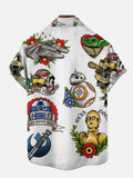 Hawaii Style Colorful Space Robots And Spaceship Old School Tattoos Printing Breast Pocket Short Sleeve Shirt