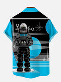 Blue And Black Stitching Medieval Retro Atomic Pattern And Geometric Robot Printing Breast Pocket Short Sleeve Shirt