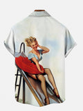 Vintage Pin Up Art Beauty In Red Skirt Playing On The Slide Printing Breast Pocket Short Sleeve Shirt