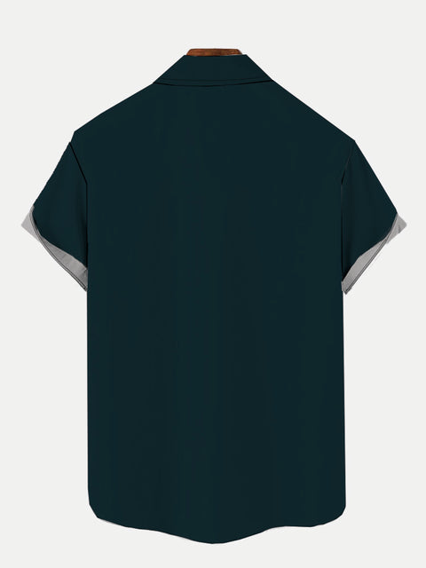 50s Retro Striped Button Down Space Rocket Logo Printing Breast Pocket Short Sleeve Shirt