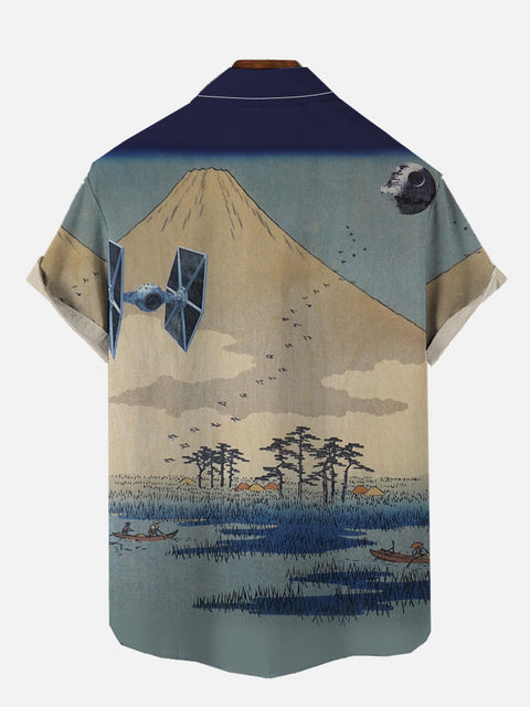 Japanese Ukiyo-E Mount Fuji Lake And Space War Drones Printing Breast Pocket Short Sleeve Shirt