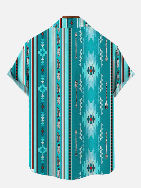 Retro Ethnic Style Cyan Tribal Pattern Feathers And Arrows Printing Breast Pocket Short Sleeve Shirt
