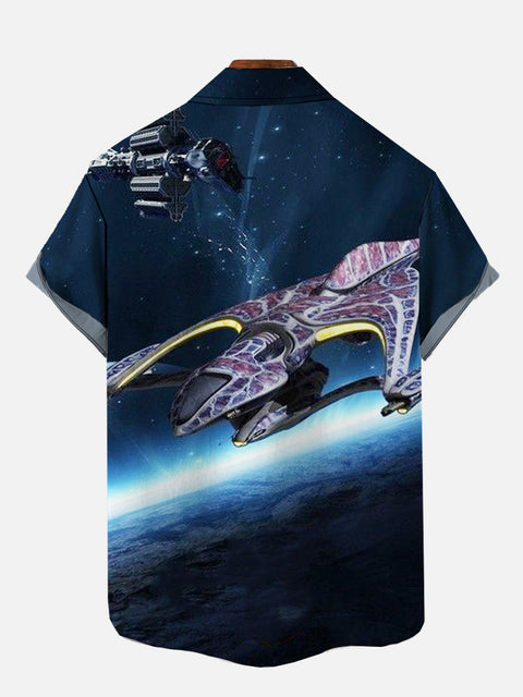 Sci-Fi Blue Outer Space Cool Spaceship Printing Short Sleeve Shirt