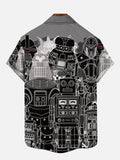 Black Line Style Cartoon Mechanical Robot And Space Samurai Printing Short Sleeve Shirt