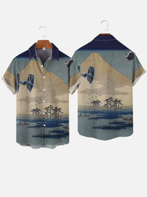 Japanese Ukiyo-E Mount Fuji Lake And Space War Drones Printing Breast Pocket Short Sleeve Shirt