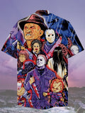 Eye-Catching Blue-Purple Comic Style Horror Character Group Photo Printing Cuban Collar Hawaiian Short Sleeve Shirt