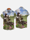 Armed Masked Man Drinking Coffee In Lawn Printing Breast Pocket Short Sleeve Shirt