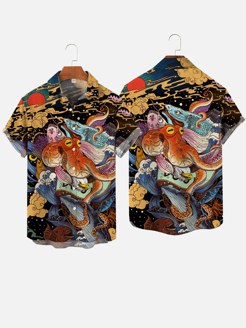 Blue Art Ukiyo-e Fantasy Behemoth Printing Short Sleeve Shirt