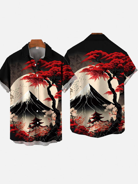 Ukiyo-E Landscape Snow Mountain And Tree Printing Short Sleeve Shirt
