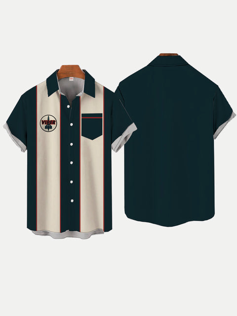 50s Retro Striped Button Down Space Rocket Logo Printing Breast Pocket Short Sleeve Shirt