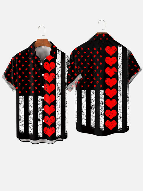 Vintage Black And White American Flag And Red Heart Patterns Printing Short Sleeve Shirt