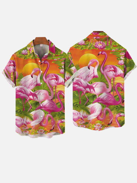 Classic Hawaiian Orange Sunset Flamingos And Leaves Printing Short Sleeve Shirt