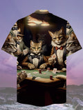 Eye-Catching Pet Elements Cat Godfather Gambling Printing Cuban Collar Hawaiian Short Sleeve Shirt
