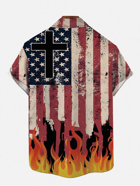 4Th Of July Vintage Cross And Flaming American Flag Printing Breast Pocket Short Sleeve Shirt