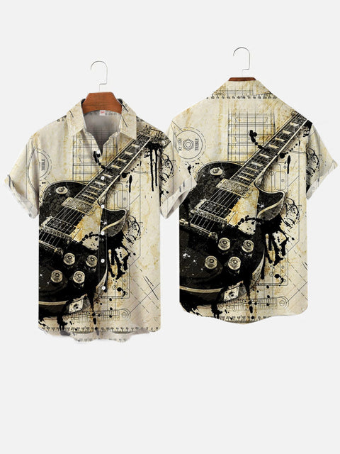 Music Element Art Splash Ink Painting Guitar Printing Short Sleeve Shirt