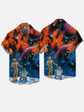 Mysterious Outer Space Colored Galaxies And Robots Printing Short Sleeve Shirt