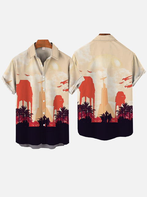 Space Station All Terrain Armored Walker And Signal Tower Printing Short Sleeve Shirt