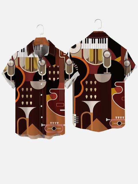 Brown Abstract Musical Instrument Printing Short Sleeve Shirt