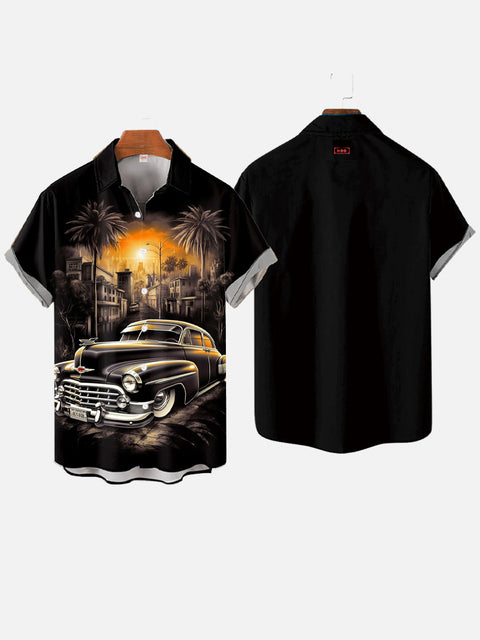 Vintage Art Cool Car Drawings Sunset And Classic Car Printing Short Sleeve Shirt