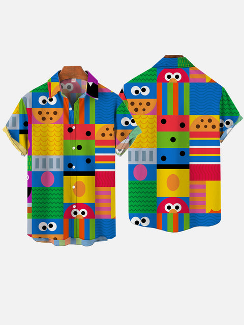 Abstract Colorful Checkered Building Blocks And Cartoon Characters Personalized Costume Short Sleeve Shirt