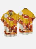 Yellow Comic Style Tech City Silhouette And Spaceship Printing Short Sleeve Shirt