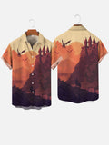 Magic Academy Castle And Flying Horse And Knight Printing Short Sleeve Shirt