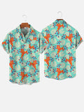 Hawaiian Summer Colorful Geometry Fat Frog And Lotus Leaves Printing Breast Pocket Short Sleeve Shirt