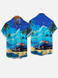 Blue Hawaii Beach And Palm Trees Classic Car Printing Breast Pocket Short Sleeve Shirt