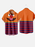 Cartoon Image Big Eyes Orange And Stripes Patchwork Cartoon Costume Short Sleeve Shirt