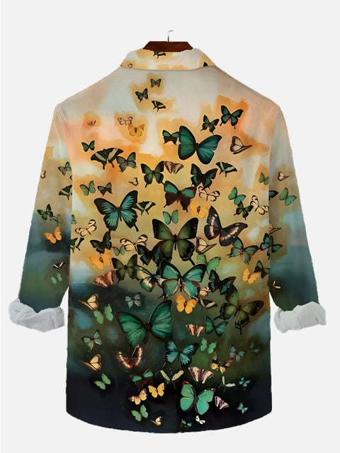 Green Orange Tie Dye Gradient Butterflies Printing Long Sleeve Shirt