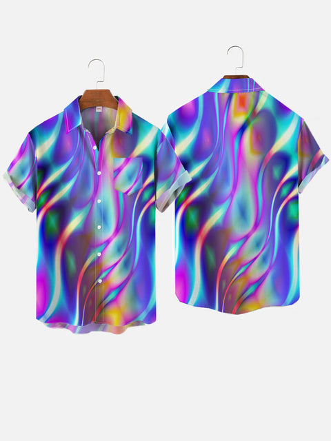 Casual Psychedelic Hawaiian Laser Printing Breast Pocket Short Sleeve Shirt