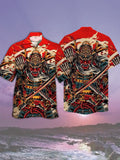 Eye-Catchin Retro Ukiyo-E Style Red Mask Fanged Samurai Printing Cuban Collar Hawaiian Short Sleeve Shirt