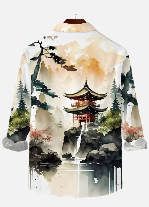 Mysterious Oriental Color Ink Painting Solitary Pavilion And Pines Printing Long Sleeve Shirt